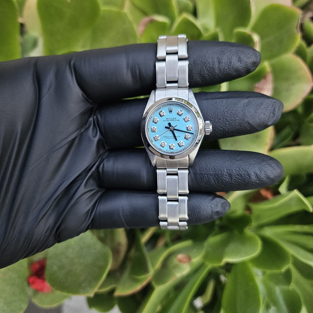 Rolex ladies 25mm oyster perpetual turquoise diamond steel watch